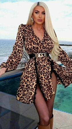 Livizmir Moda Kadın Uzun Kollu Kruvaze Yaka Eteği Parça Kesim Detay Leopar Elbise
