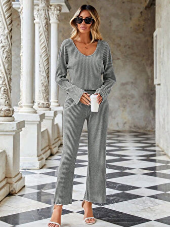 Livizmir Moda Kadın Kaşkorse Kumaş V Yaka Ikili Takım