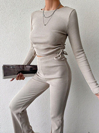 Livizmir Moda Kadın Uzun Kollu Bisiklet Yaka Yanları Asansör Büzgü Detay Bluz Ve Yüksek Bel Kaşkorse