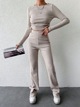 Livizmir Moda Kadın Uzun Kollu Bisiklet Yaka Yanları Asansör Büzgü Detay Bluz Ve Yüksek Bel Kaşkorse