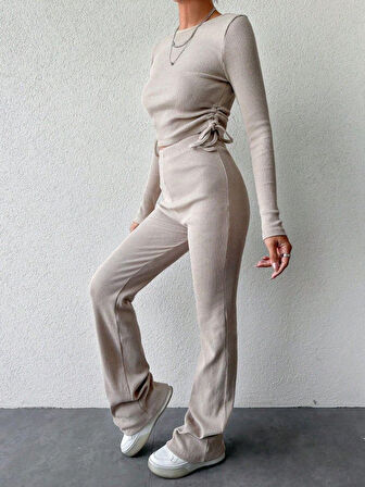 Livizmir Moda Kadın Uzun Kollu Bisiklet Yaka Yanları Asansör Büzgü Detay Bluz Ve Yüksek Bel Kaşkorse