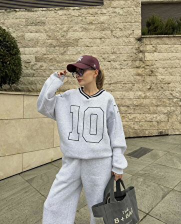 Livizmir Moda V Yaka Üç İplik Sweat Takım - Gri