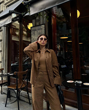 Livizmir Moda Süet Gömlek Palazzo Pantolon İkili Takım - Kahve