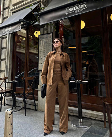 Livizmir Moda Süet Gömlek Palazzo Pantolon İkili Takım - Kahve