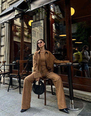 Livizmir Moda Süet Gömlek Palazzo Pantolon İkili Takım - Kahve
