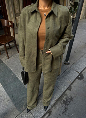 Livizmir Moda Süet Gömlek Palazzo Pantolon İkili Takım - Haki