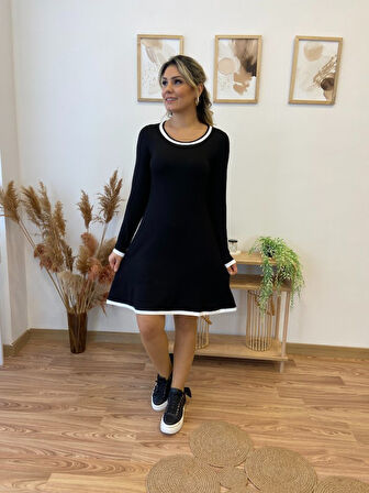 Livizmir Moda Kadın Uzun Kollu Derin Yuvarlak Yakalı Kısa Viskon Iki Iplik Elbise