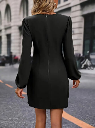 Livizmir Moda Kadın Uzun Kollu Kruvaze Yaka Belden Büzgülü Kısa Elbise