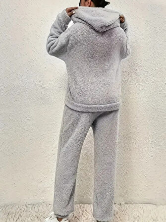 Livizmir Moda Kadın Uzun Kollu Kapşonlu önden Cepli Peluş Alt Ve üst Ikili Takım