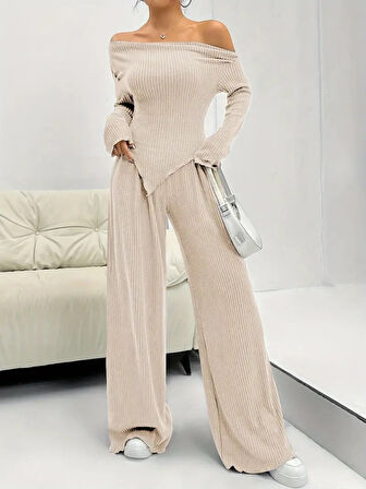 Livizmir Moda Kadın Uzun Kollu Omuzlardan Açık Asimetrik Kesim Kaşkorse Bluz Ve Pantolon Ikili Pantolon