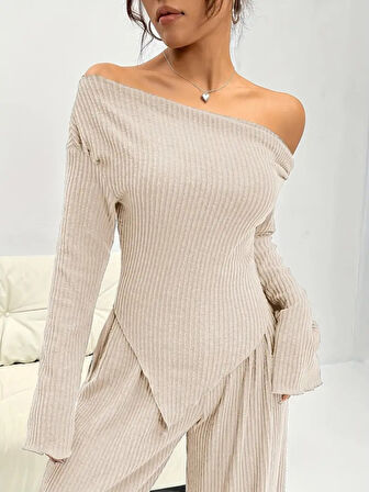 Livizmir Moda Kadın Uzun Kollu Omuzlardan Açık Asimetrik Kesim Kaşkorse Bluz Ve Pantolon Ikili Pantolon