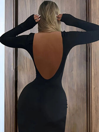 Livizmir Moda Kadın Uzun Kollu Hafif Kayık Yaka Sırt Dekoltelielbise