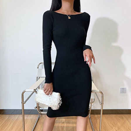 Livizmir Moda Kadın Uzun Kollu Hafif Kayık Yaka Sırt Dekoltelielbise