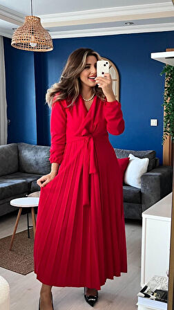 Livizmir Moda Kadın Uzun Kollu Kruvaze Yaka Belden Kuşaklı Pileli Ithal Krep Elbise