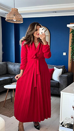 Livizmir Moda Kadın Uzun Kollu Kruvaze Yaka Belden Kuşaklı Pileli Ithal Krep Elbise