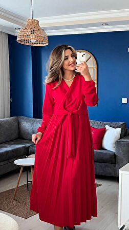 Livizmir Moda Kadın Uzun Kollu Kruvaze Yaka Belden Kuşaklı Pileli Ithal Krep Elbise