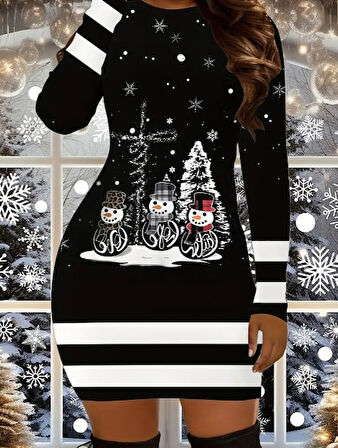 Livizmir Moda Kadın Uzun Kollu Bisiklet Yaka Kardan Adam Desenli Dalgıç Noel Elbise