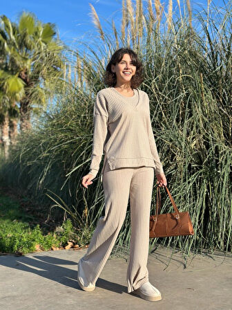 Livizmir Moda Kadın Yaka Detaylı Fitilli Kaşkorse üçlü Takım