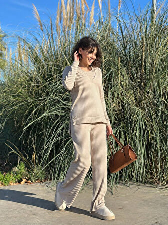 Livizmir Moda Kadın Yaka Detaylı Fitilli Kaşkorse üçlü Takım