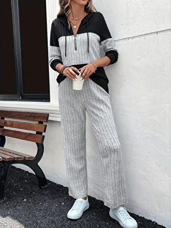 Livizmir Moda Kadın Uzun Kollu Kapşonlu önden Fermuarlı şardonlu Kaşkorse Bluz Ve Pantolon