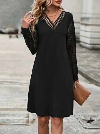 Livizmir Moda Kadın Uzun Kollu V Yakalı Kol Ve Yaka Dantel Detay Ithal Krep Elbise