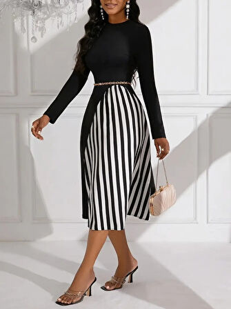 Livizmir Moda Kadın Uzun Kollu Balıkçı Yaka şerit Detaylı Dalgıç Elbise