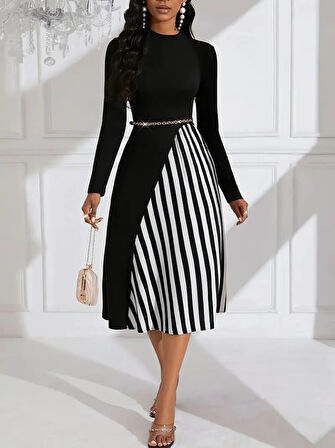 Livizmir Moda Kadın Uzun Kollu Balıkçı Yaka şerit Detaylı Dalgıç Elbise