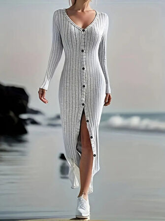 Livizmir Moda Kadın Uzun Kollu V Yakalı önden Düğmeli şardonlu Kaşkorse Elbise