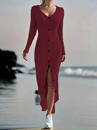 Livizmir Moda Kadın Uzun Kollu V Yakalı önden Düğmeli şardonlu Kaşkorse Elbise