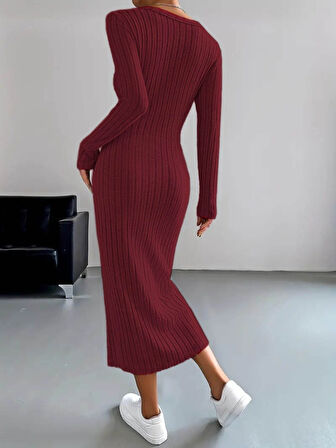 Livizmir Moda Kadın Uzun Kollu V Yakalı önden Düğmeli şardonlu Kaşkorse Elbise