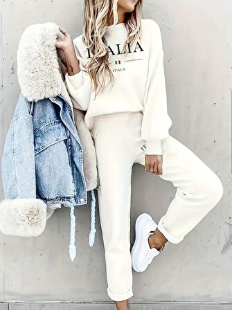 Livizmir Moda Kadın Uzun Kollu Bisiklet Yaka şardonlu üç Iplik Bluz Ve Pantolon Ikili Takım
