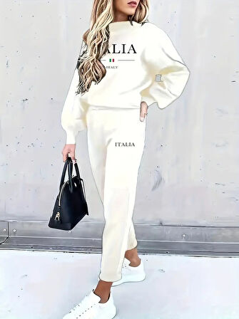Livizmir Moda Kadın Uzun Kollu Bisiklet Yaka şardonlu üç Iplik Bluz Ve Pantolon Ikili Takım