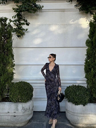 Livizmir Moda Kruvaze V Yaka, Fırfırlı Ve Bağcıklı Desenli Bluz Ve Midi Etek Takım - Siyah