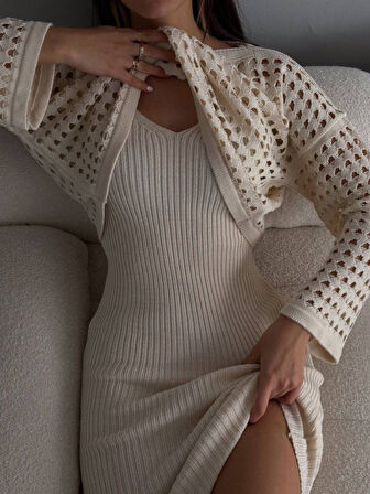 Livizmir Moda Kadın Delikli Kazak Ve Triko Elbise Ikili Takım