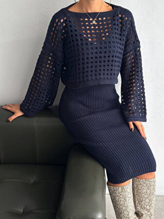 Livizmir Moda Kadın Delikli Kazak Ve Triko Elbise Ikili Takım