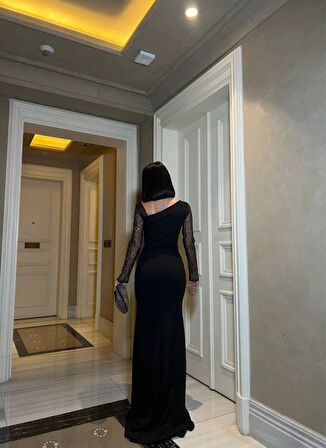 Livizmir Moda Kadın Dalgıç Krep Kumaş Kolları Tül Ve Taş Detaylı önü Drapeli Maxi Boy Elbise