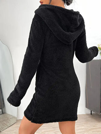 Livizmir Moda Kadın Uzun Kollu Kapşonlu önden Fermuarlı Cep Detaylı Kısa Peluş Elbise