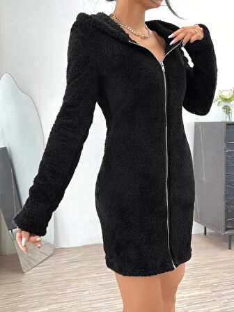 Livizmir Moda Kadın Uzun Kollu Kapşonlu önden Fermuarlı Cep Detaylı Kısa Peluş Elbise