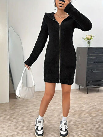 Livizmir Moda Kadın Uzun Kollu Kapşonlu önden Fermuarlı Cep Detaylı Kısa Peluş Elbise