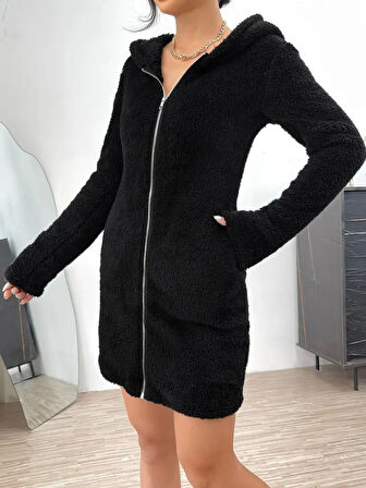 Livizmir Moda Kadın Uzun Kollu Kapşonlu önden Fermuarlı Cep Detaylı Kısa Peluş Elbise