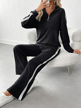 Livizmir Moda Kadın Uzun Kollu Yakadan Fermuarlı Yanları şerit Detaylı şardonlu Kaşkorse Bluz Ve Pan