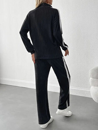 Livizmir Moda Kadın Uzun Kollu Yakadan Fermuarlı Yanları şerit Detaylı şardonlu Kaşkorse Bluz Ve Pan