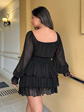 Livizmir Moda Kadın Uzun Kollu U Yaka Beli Lastikli Volanlı şifon Elbise