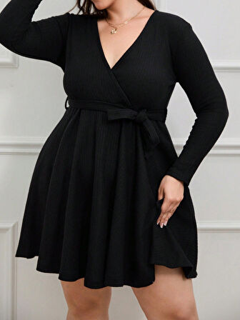 Livizmir Moda Kadın Uzun Kollu Kruvaze Yaka Kuşak Detay Salaş şardonlu Kaşkorse Mini Elbise