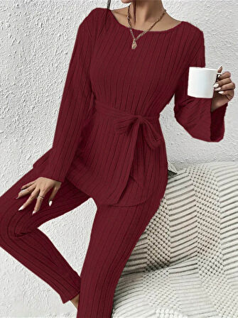 Livizmir Moda Kadın Uzun Kollu Tek Omuzu Açık Belden Kuşaklı şardonlu Kaşkorse Bluz Ve Tayt Pantolon