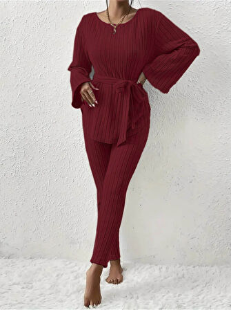 Livizmir Moda Kadın Uzun Kollu Tek Omuzu Açık Belden Kuşaklı şardonlu Kaşkorse Bluz Ve Tayt Pantolon