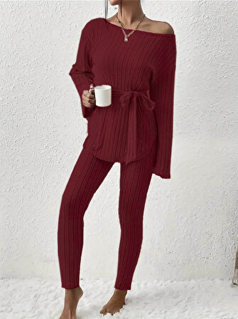Livizmir Moda Kadın Uzun Kollu Tek Omuzu Açık Belden Kuşaklı şardonlu Kaşkorse Bluz Ve Tayt Pantolon