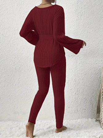 Livizmir Moda Kadın Uzun Kollu Tek Omuzu Açık Belden Kuşaklı şardonlu Kaşkorse Bluz Ve Tayt Pantolon