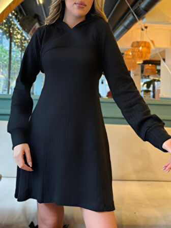 Livizmir Moda Kadın Uzun Kollu Kapüşonlu Ceket üst Ve Askısız Kare Yaka A Kesim şardonlu Kaşkorse Elbise