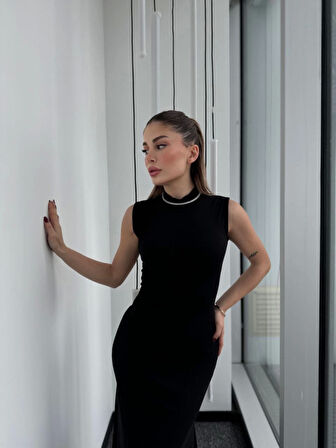 Livizmir Moda Kolsuz Yarım Bogazlı Uzun Elbise- Siyah